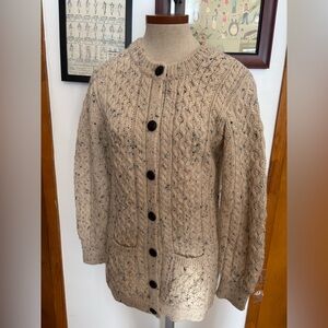 ARAN CRAFTS IRELAND 100% Wool Cable knit Speckle Fisherman Cardigan SZ.S (IVORY)
